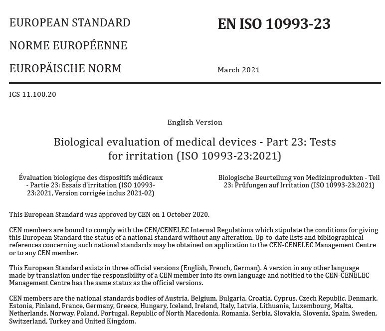 EN ISO 10993-23-2021 Biological evaluation of medical devices - Part 23 Tests for irritation
